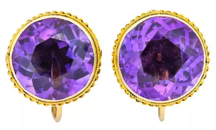 Walter Lampl 13.00 Carat Amethyst 14 Karat Gold Earrings, circa 1940.