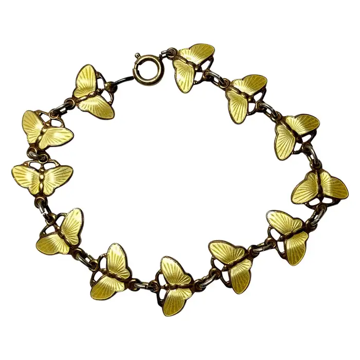 Yellow Enamel Butterfly Bracelet Norway Sterling Silver Midcentury Modernist.