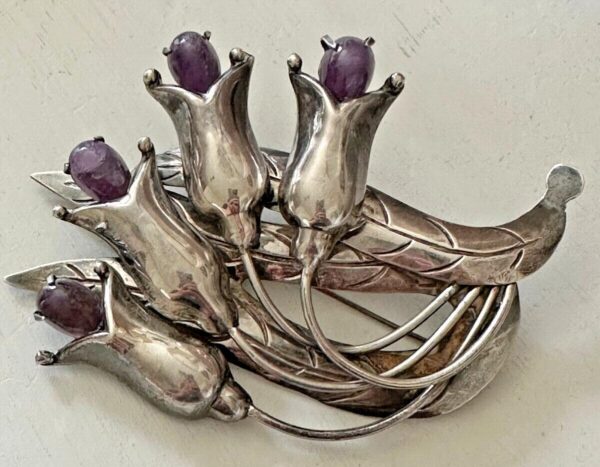 vintage sterling silver and amethyst sculptural brooch